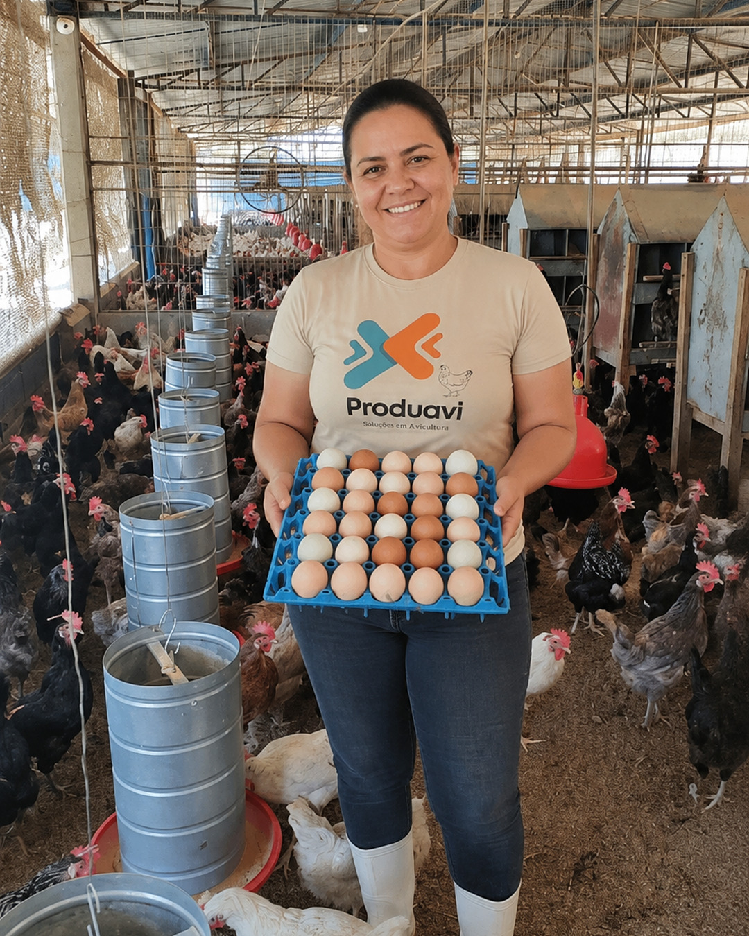 Produtora segurando uma bandeja com 30 ovos caipiras