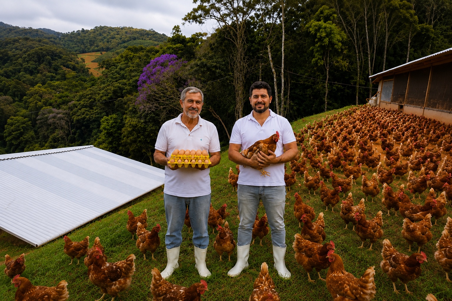 Produtores em uma criação organizada de galinhas poedeiras caipiras