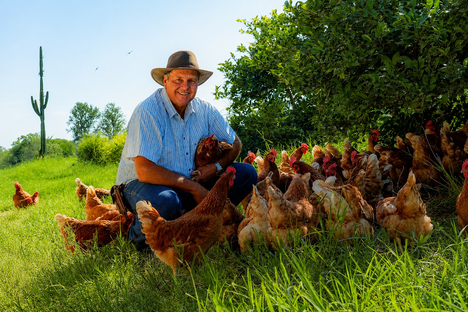 Produtor realizando bom manejo das aves