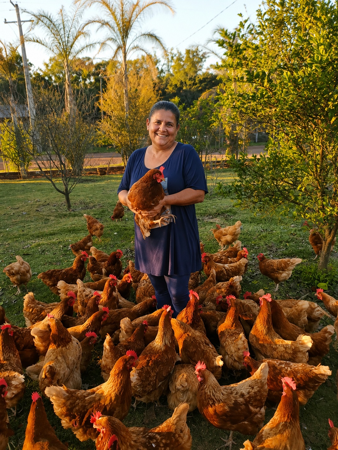 Joana A. Souza junto às aves de sua propriedade