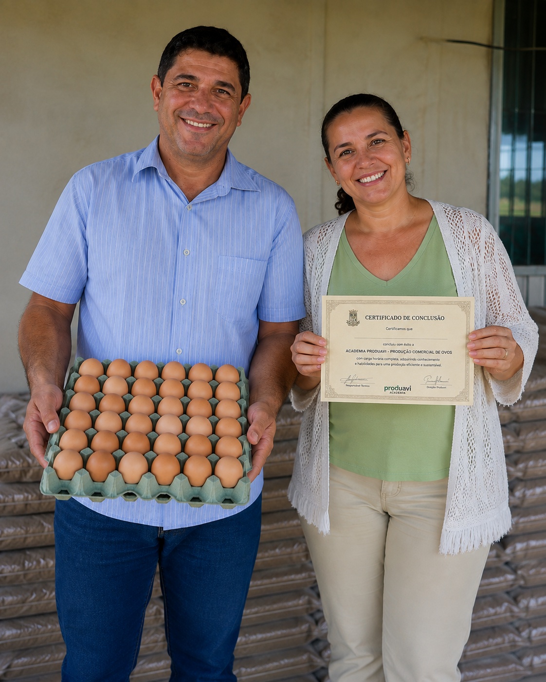 Casal de produtores segurando uma bandeja de ovos e um certificado de conclusão