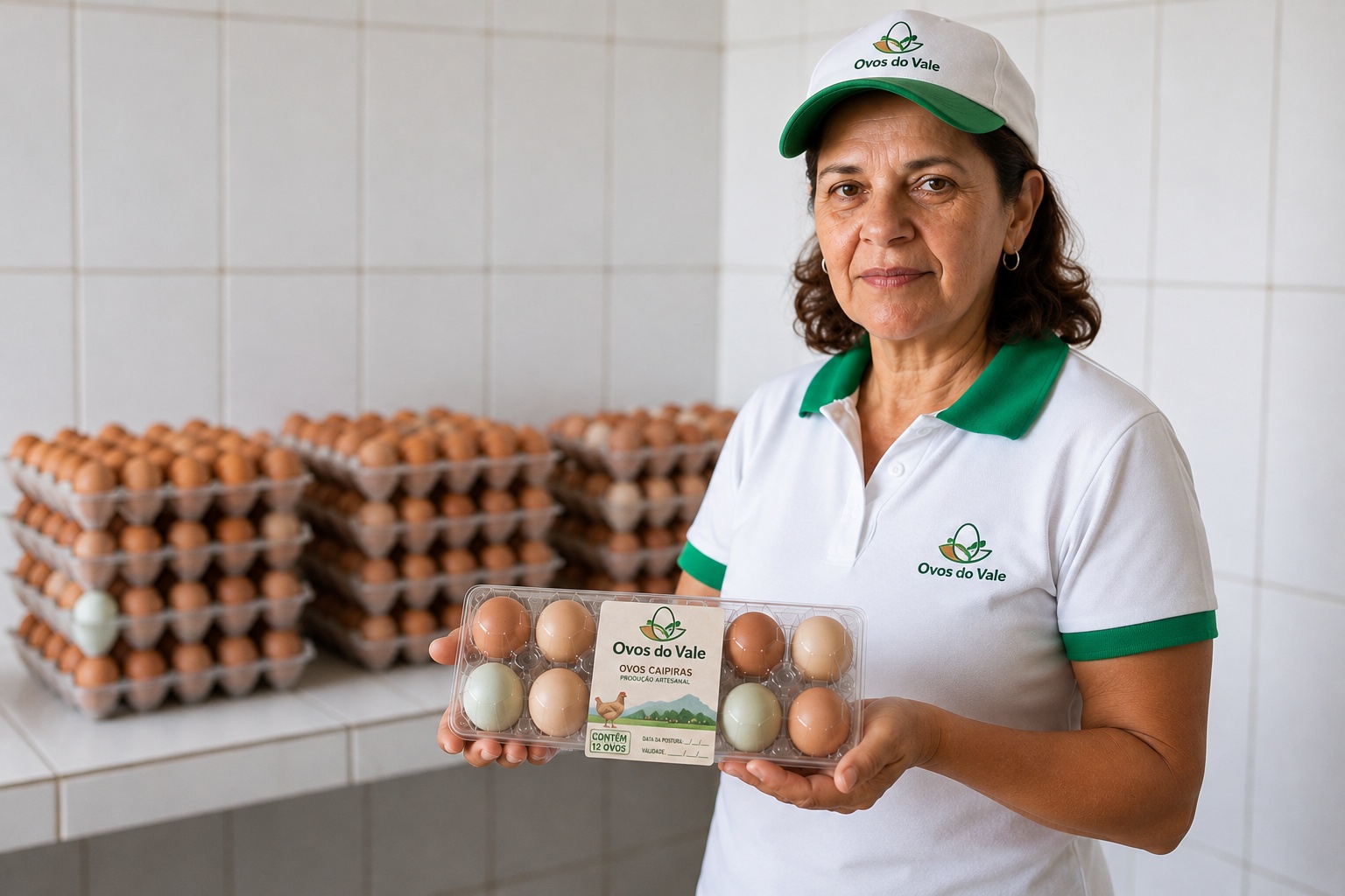 Joana Pereira Nunes segurando uma bandeja de ovos