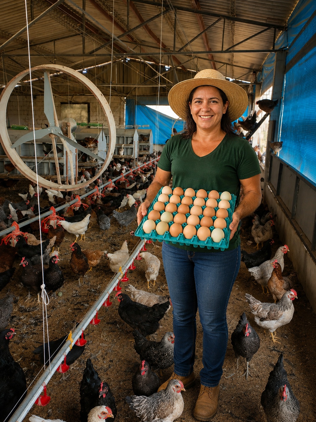 Produtora apresentando uma bandeja de ovos dentro de um galpão com galinhas poedeiras