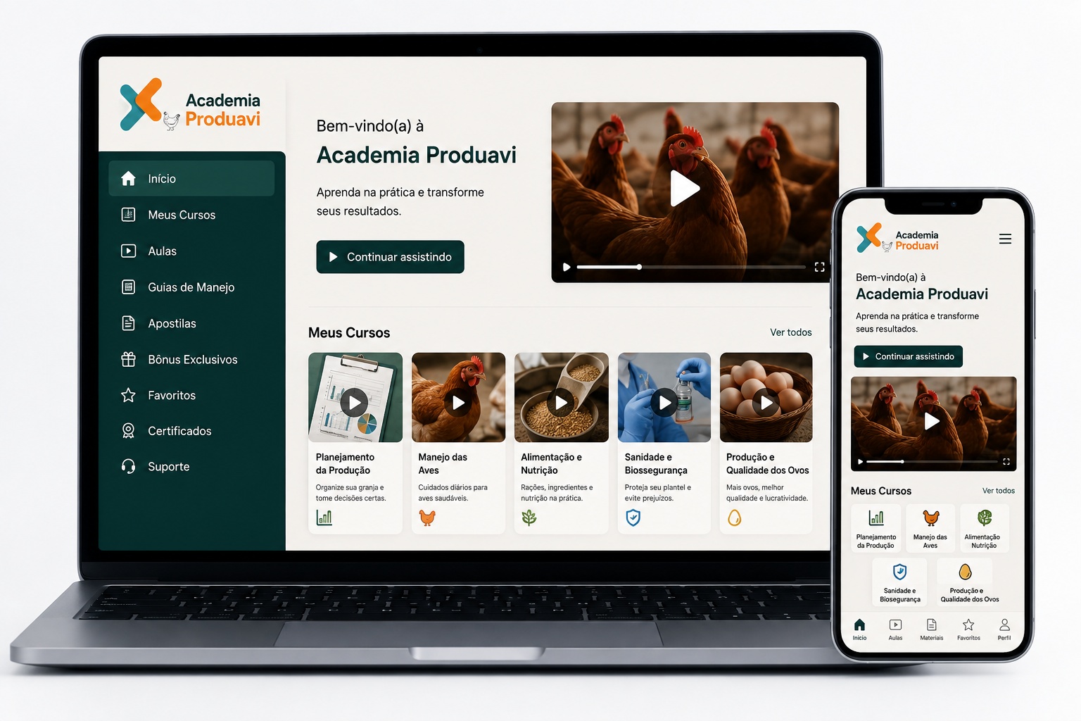 Plataforma Academia Produavi exibida em notebook e celular