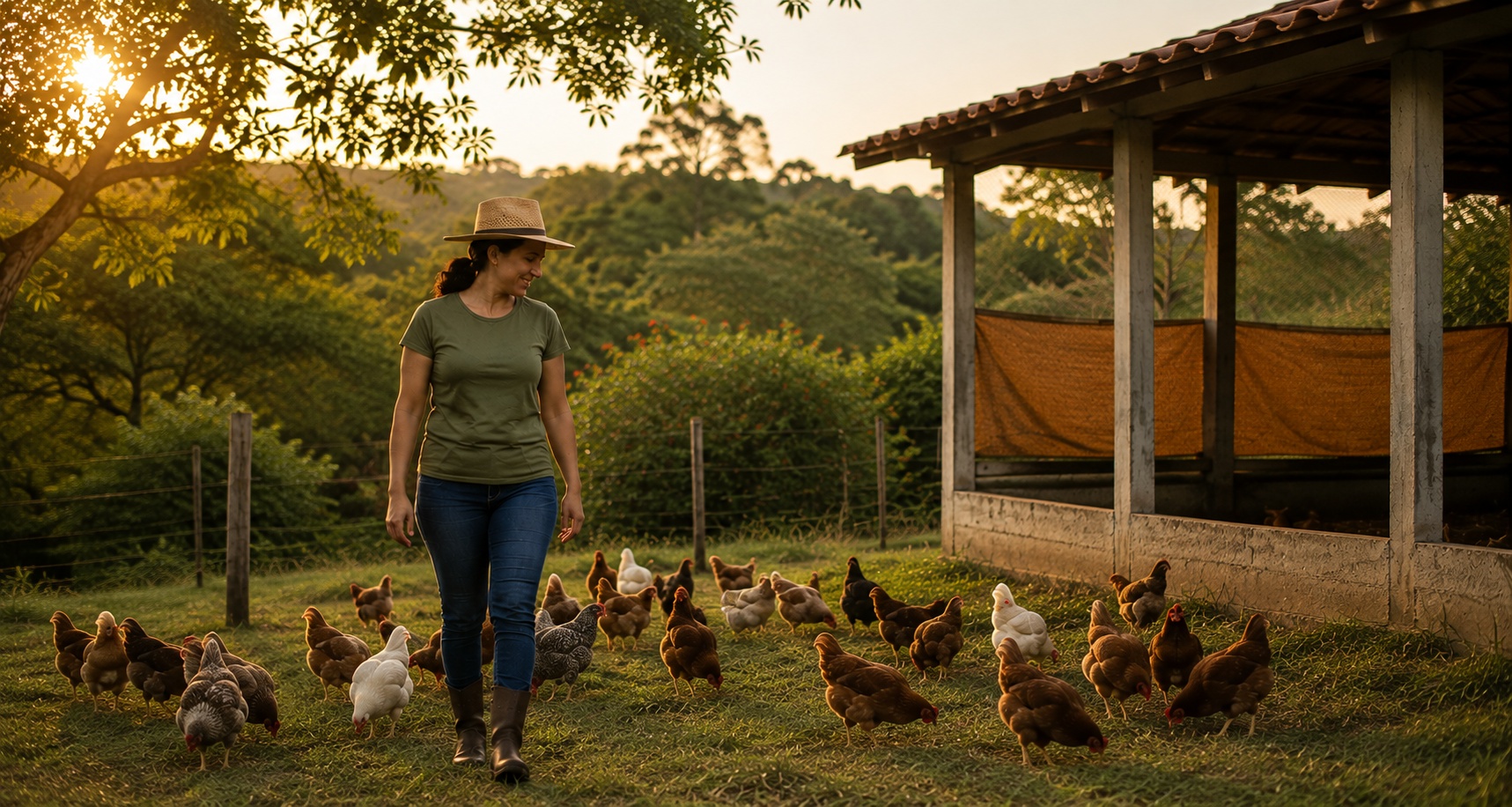 Produtora caminhando entre galinhas caipiras próximas a um galpão